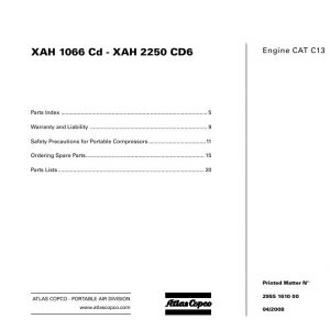 Atlas Copco Portable Compressors XAH 1066 Cd XAH 2250 CD6 Parts List 2955 1610 00 2008