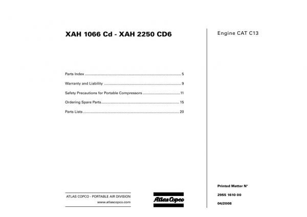 Atlas Copco Portable Compressors XAH 1066 Cd XAH 2250 CD6 Parts List 2955 1610 00 2008