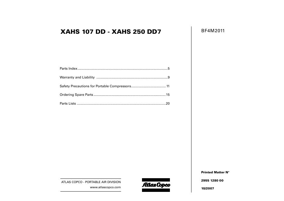 Atlas Copco Portable Compressors XAHS 107 DD XAHS 250 DD7 Parts List 2955 1280 00 2007