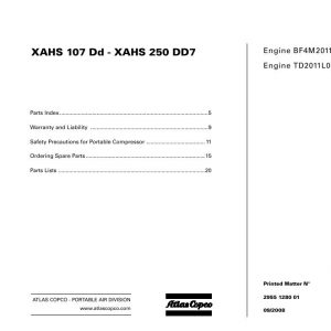Atlas Copco Portable Compressors XAHS 107 Dd XAHS 250 DD7 Parts List 2955 1280 01 2008