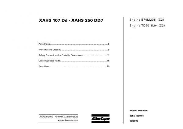 Atlas Copco Portable Compressors XAHS 107 Dd XAHS 250 DD7 Parts List 2955 1280 01 2008