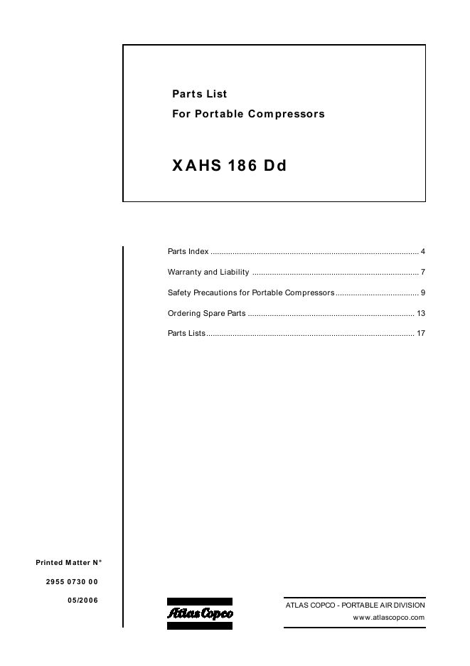 Atlas Copco Portable Compressors XAHS 186 Dd Parts List 2955 0730 00 2006