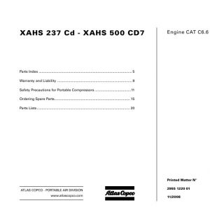 Atlas Copco Portable Compressors XAHS 237 Cd XAHS 500 CD7 Parts List 2955 1220 01 2008