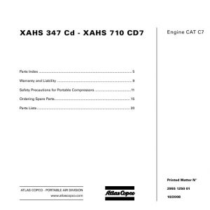 Atlas Copco Portable Compressors XAHS 347 Cd XAHS 710 CD7 Parts List 2955 1250 01 2008