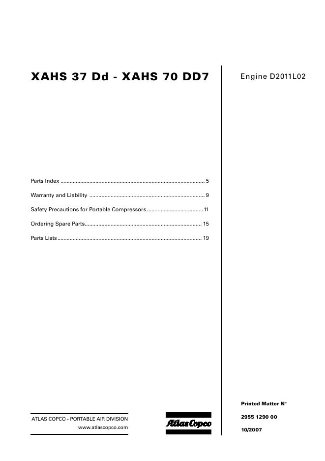 Atlas Copco Portable Compressors XAHS 37 Dd XAHS 70 DD7 Parts List 2955 1290 00 2007