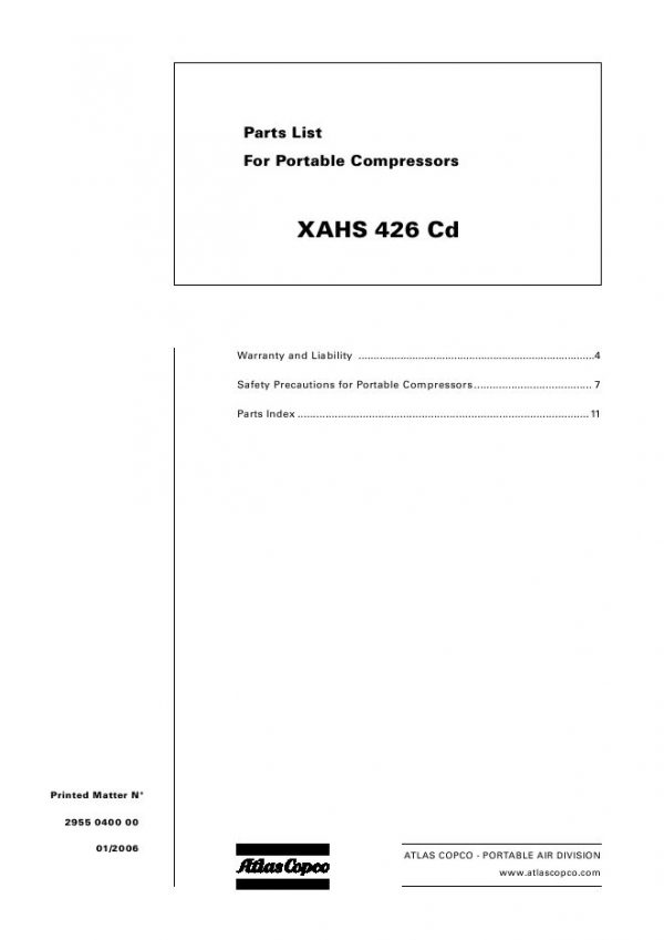 Atlas Copco Portable Compressors XAHS 426 Cd Parts List 2955 0400 00 2006