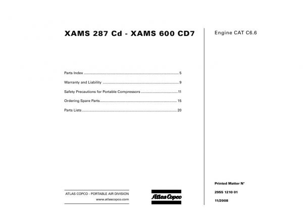 Atlas Copco Portable Compressors XAMS 287 Cd XAMS 600 CD7 Parts List 2955 1210 01 2008