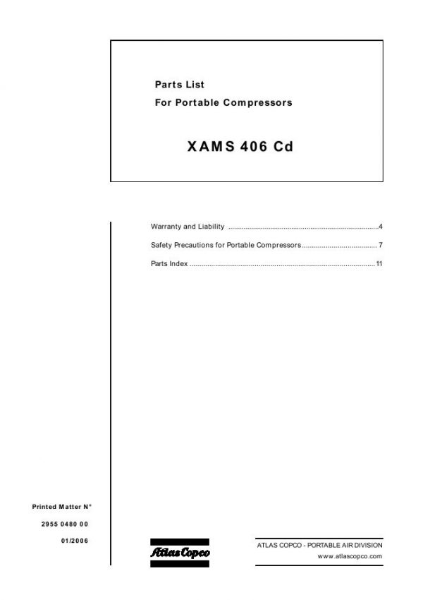 Atlas Copco Portable Compressors XAMS 406 Cd Parts List 2955 0480 00 2006