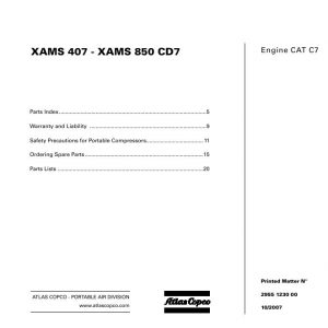 Atlas Copco Portable Compressors XAMS 407 XAMS 850 CD7 Parts List 2955 1230 00 2007