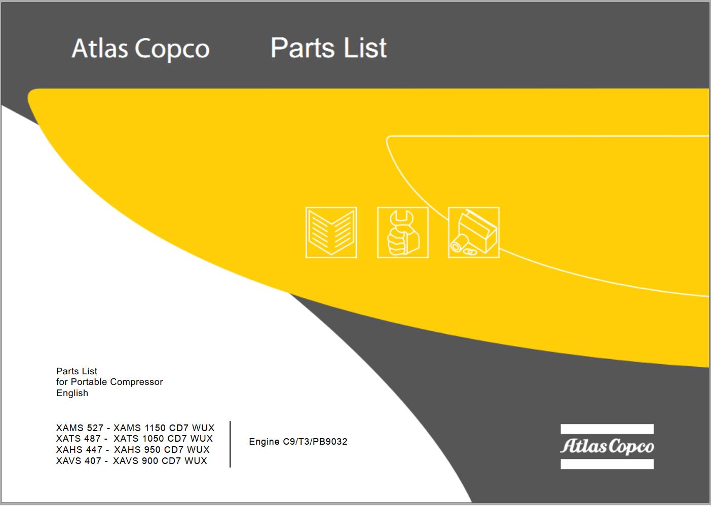 Atlas Copco Portable Compressors XAMS XATS XAHS XAVS 407 1150 CD7 WUX Parts List 9829 3801 49 2017