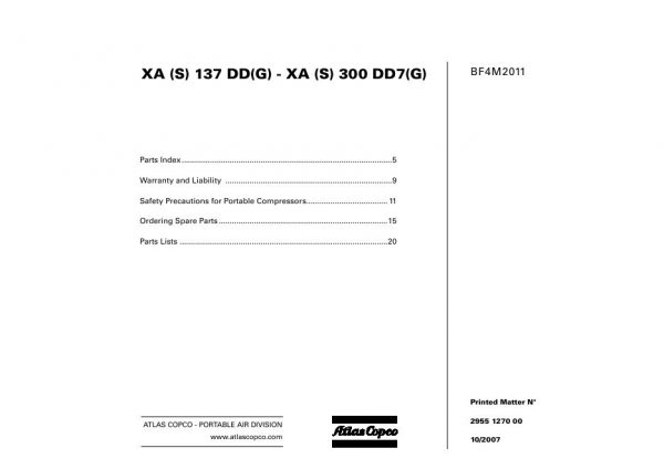 Atlas Copco Portable Compressors XAS 137 DDG XAS 300 DD7G Parts List 2955 1270 00 2007