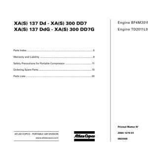 Atlas Copco Portable Compressors XAS 137 Dd G XAS 300 DD7 G Parts List 2955 1270 01 2008