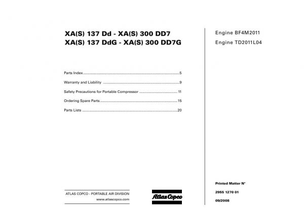 Atlas Copco Portable Compressors XAS 137 Dd G XAS 300 DD7 G Parts List 2955 1270 01 2008
