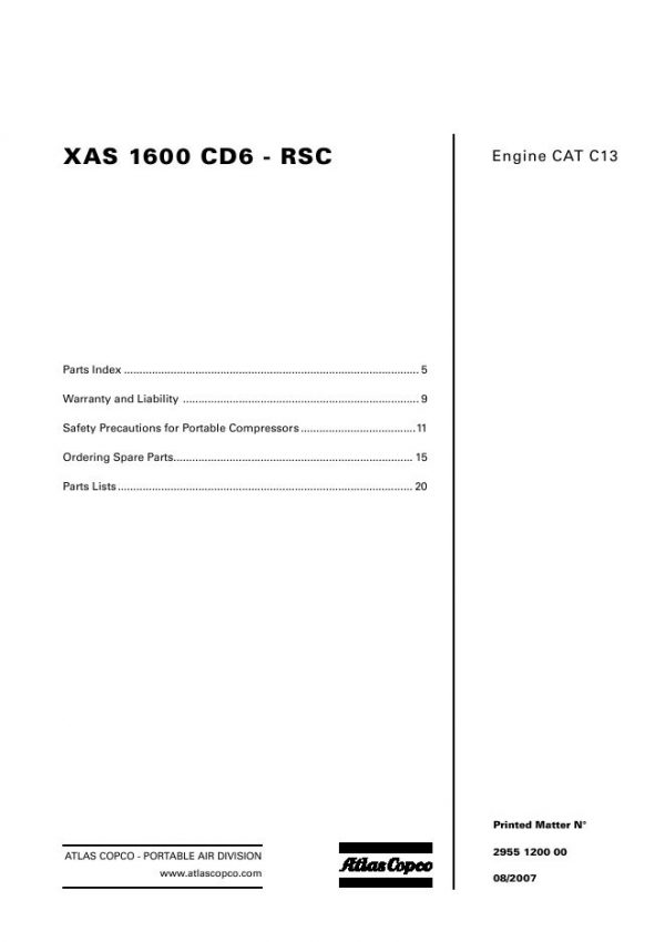 Atlas Copco Portable Compressors XAS 1600 CD6 RSC Parts List 2955 1200 00 2007