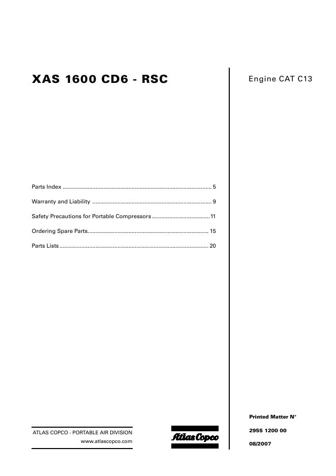 Atlas Copco Portable Compressors XAS 1600 CD6 RSC Parts List 2955 1200 00 2007