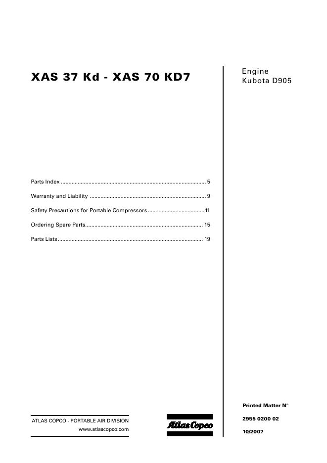 Atlas Copco Portable Compressors XAS 37 Kd XAS 70 KD7 Parts List 2955 0200 02 2007