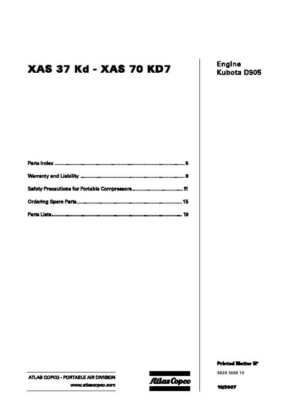 Atlas Copco Portable Compressors XAS 37 Kd XAS 70 KD7 Parts List 9829 3008 15 2007