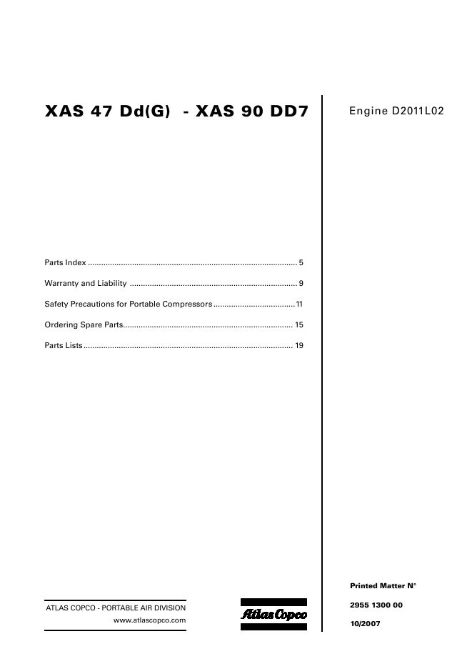 Atlas Copco Portable Compressors XAS 47 DdG XAS 90 DD7 Parts List 2955 1300 00 2007