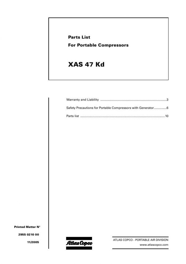 Atlas Copco Portable Compressors XAS 47 Kd Parts List 2955 0210 00 2005