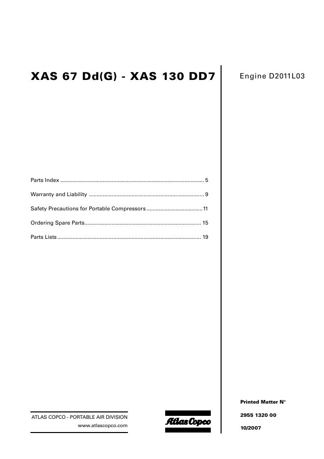 Atlas Copco Portable Compressors XAS 67 DdG XAS 130 DD7 Parts List 2955 1320 00 2007