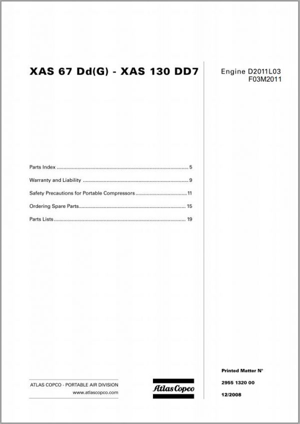 Atlas Copco Portable Compressors XAS 67 DdG XAS 130 DD7 Parts List 2955 1320 00 2008