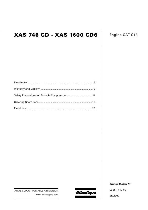 Atlas Copco Portable Compressors XAS 746 CD XAS 1600 CD6 Parts List 2955 1140 00 2007