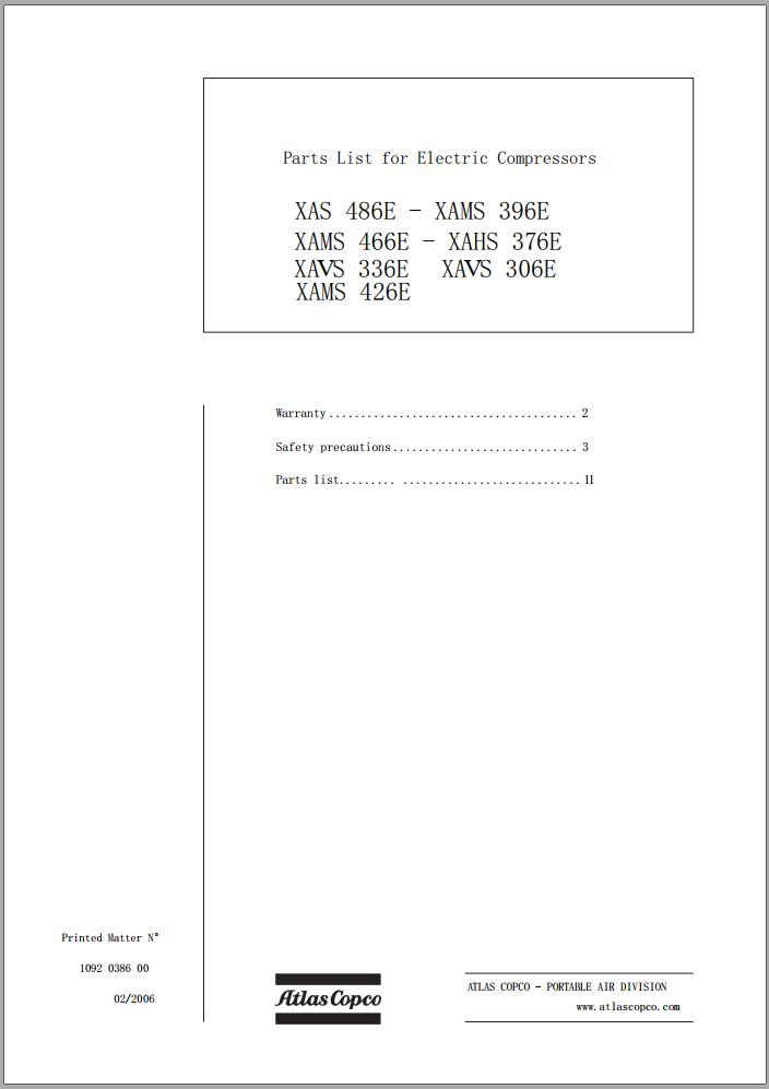 Atlas Copco Portable Compressors XAS XAMS XAVS XAHS 336E 486E Parts List 1092 0386 00 2006
