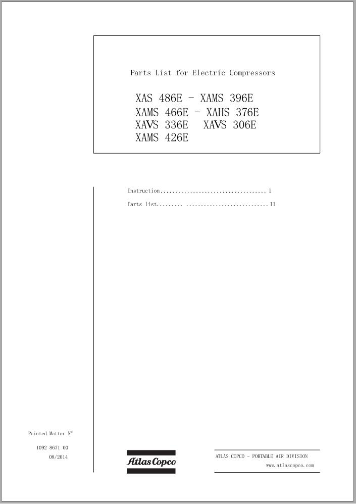 Atlas Copco Portable Compressors XAS XAMS XAVS XAHS Parts List 1092 8671 00 2014