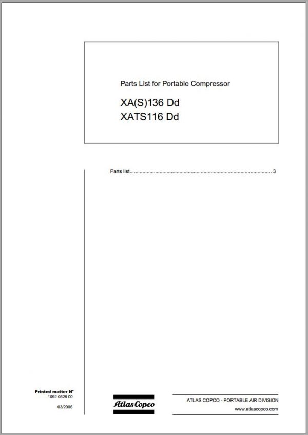 Atlas Copco Portable Compressors XAS136 Dd XATS116 Dd Parts List 1092 0526 00 2006