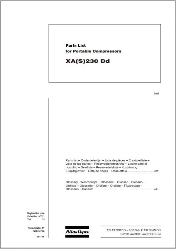 Atlas Copco Portable Compressors XAS230 Dd Parts List 2950 0912 00 1998