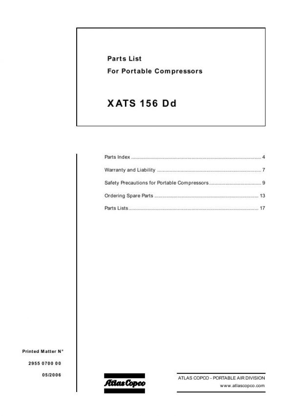 Atlas Copco Portable Compressors XATS 156 Dd Parts List 2955 0700 00 2006