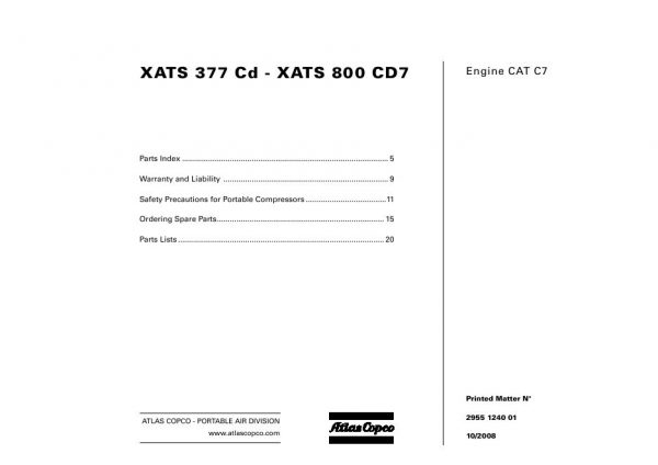 Atlas Copco Portable Compressors XATS 377 Cd XATS 800 CD7 Parts List 2955 1240 01 2008