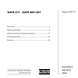 Atlas Copco Portable Compressors XATS 377 XATS 800 CD7 Parts List 2955 1240 00 2007