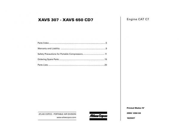 Atlas Copco Portable Compressors XAVS 307 XAVS 650 CD7 Parts List 2955 1260 00 2007