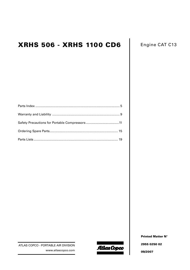 Atlas Copco Portable Compressors XRHS 506 XRHS 1100 CD6 Parts List 2955 0250 02 2007