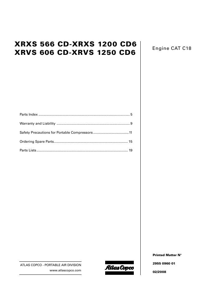 Atlas Copco Portable Compressors XRXS XRVS 566 606 CD XRXS CD XRVS 1200 1250 CD6 Parts List 2955 0960 01 2008