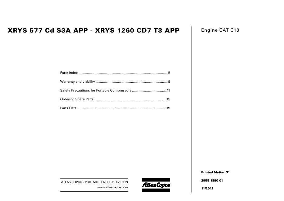 Atlas Copco Portable Compressors XRYS 577 Cd S3A APP XRYS 1260 CD7 T3 APP Parts List 2955 1890 01 2012
