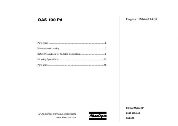 Atlas Copco Portable Generators QAS 100 Pd Parts List 2955 1650 00 2008
