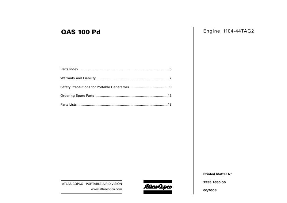 Atlas Copco Portable Generators QAS 100 Pd Parts List 2955 1650 00 2008