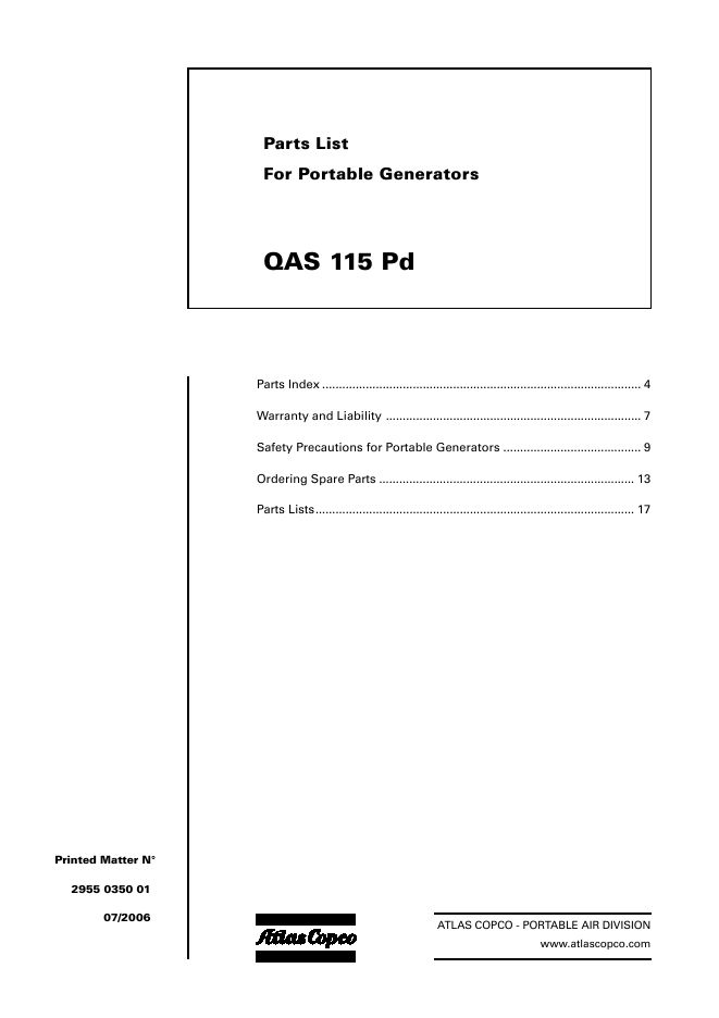 Atlas Copco Portable Generators QAS 115 Pd Parts List 2955 0350 01 2006