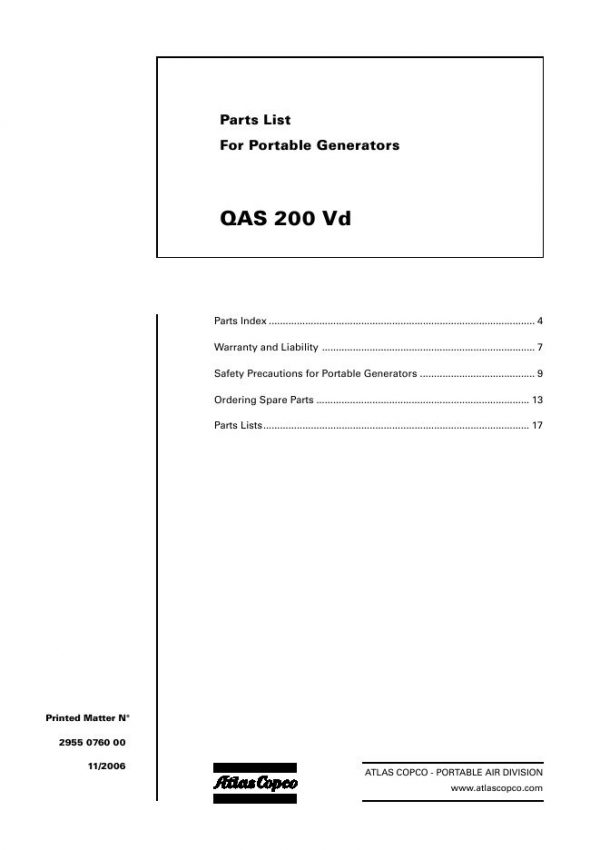Atlas Copco Portable Generators QAS 200 Vd Parts List 2955 0760 00 2006