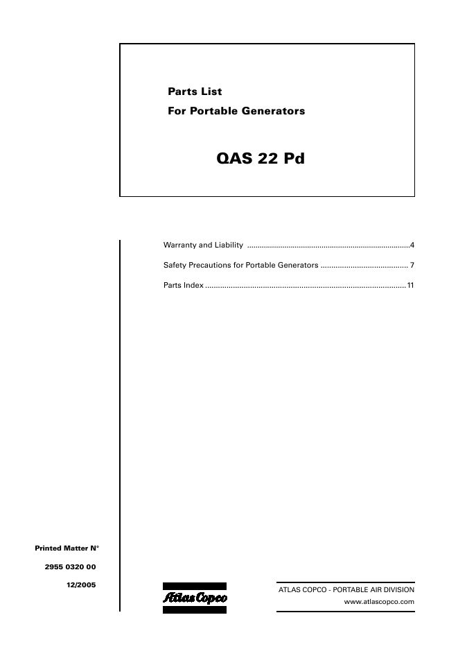 Atlas Copco Portable Generators QAS 22 Pd Parts List 2955 0320 00 2005