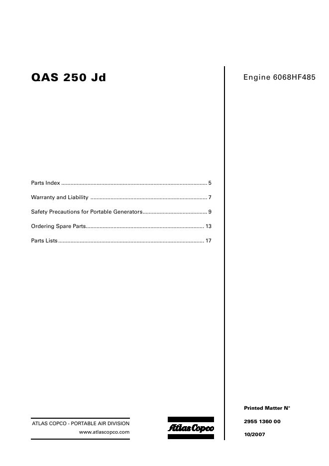 Atlas Copco Portable Generators QAS 250 Jd Parts List 2955 1360 00 2007
