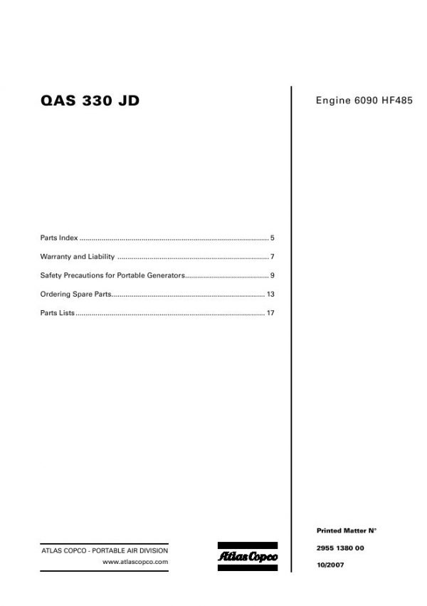 Atlas Copco Portable Generators QAS 330 JD Parts List 2955 1380 00 2007