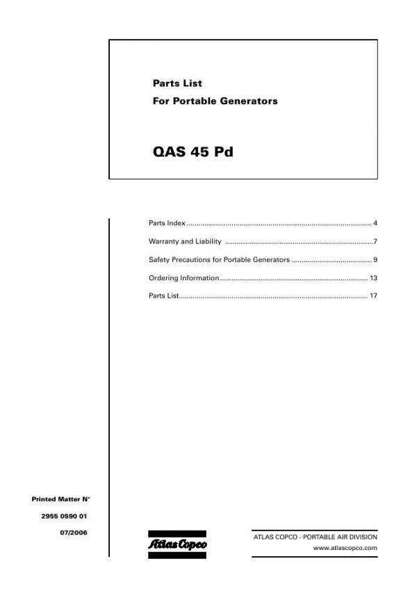 Atlas Copco Portable Generators QAS 45 Pd Parts List 2955 0590 01 2006