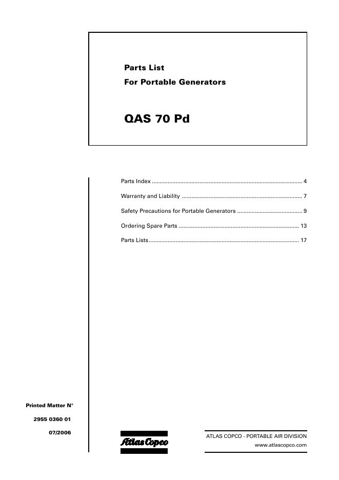Atlas Copco Portable Generators QAS 70 Pd Parts List 2955 0360 01 2006