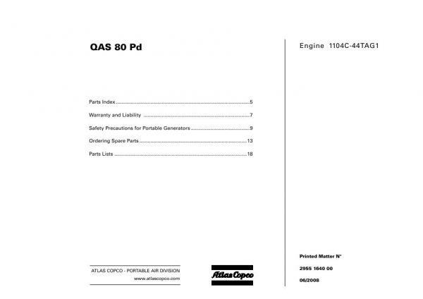 Atlas Copco Portable Generators QAS 80 Pd Parts List 2955 1640 00 2008