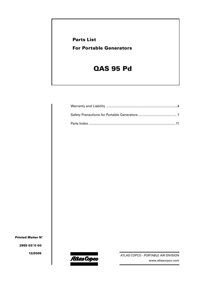 Atlas Copco Portable Generators QAS 95 Pd Parts List 2955 0370 00 2005