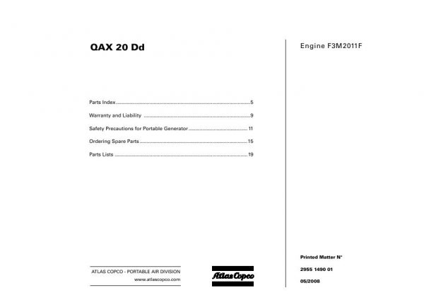 Atlas Copco Portable Generators QAX 20 Dd Parts List 2955 1490 01 2008