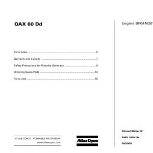 Atlas Copco Portable Generators QAX 60 Dd Parts List 2955 1560 00 2008
